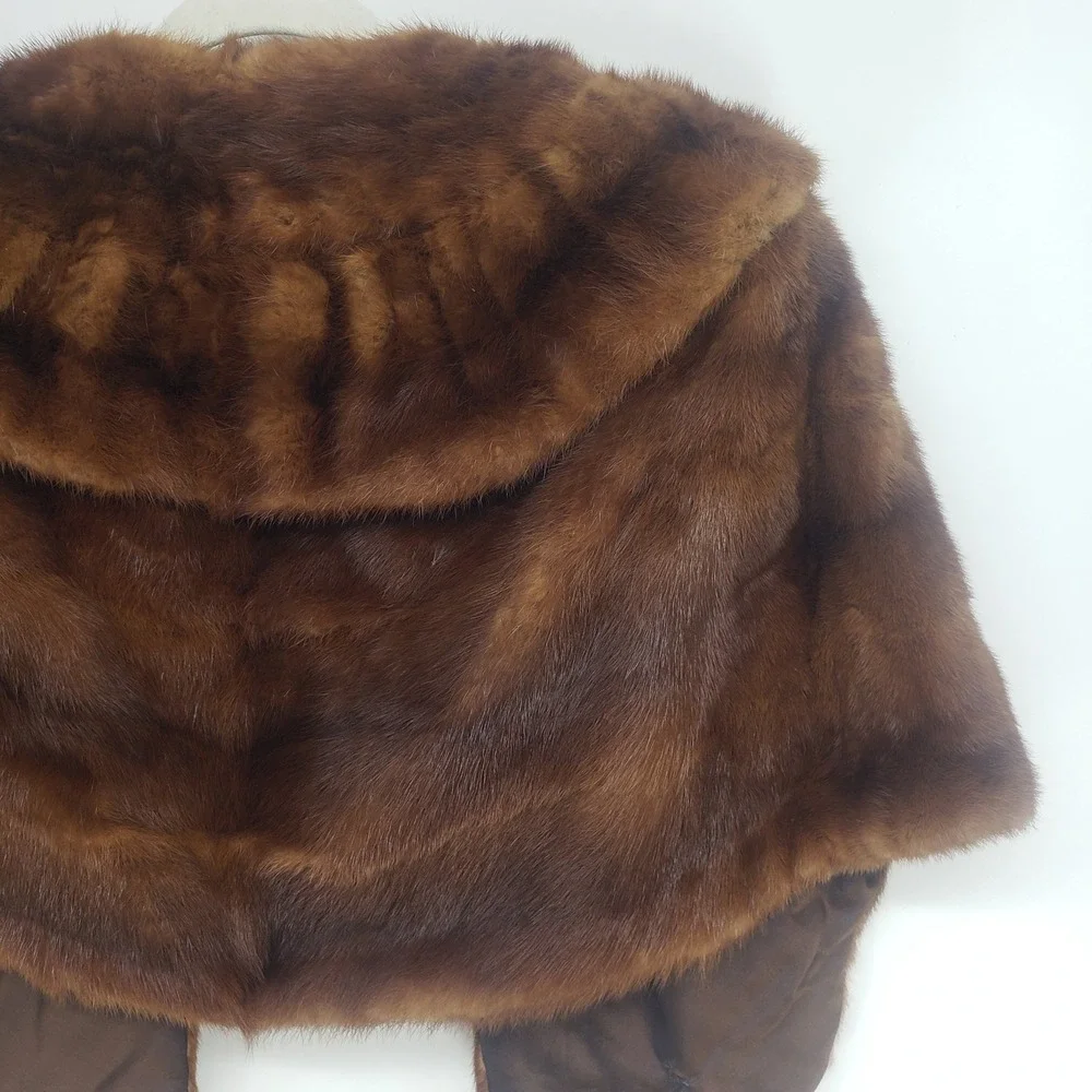 Vintage 50s 60s Mink Fur Cape Women's OS Brown Shawl Collar Stole Wrap Glam